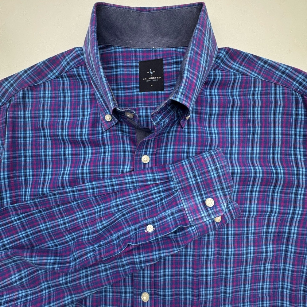 Tailorbyrd Men's 100% Cotton Blue and‎ Purple Plaid Button Down Shirt, XL